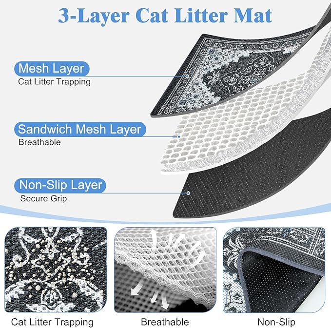 Unicorn Catcher 24X15in Cat Litter Mat Machine Washable Soft 3D Air Mesh Litter Box Rug Non-Slip Backing Quick Dry Scatter Control for Paws,Black