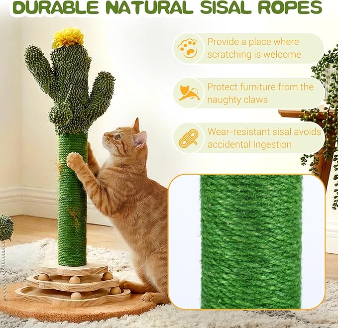 Cactus Cat Scratching Post Cat Tree, Cute Cat Scratching Post with Interactive Ball Two-Layer Track Spring Ball Toys, Standing Sisal Cactus Cat Scratcher for Indoor Cats and Kittens