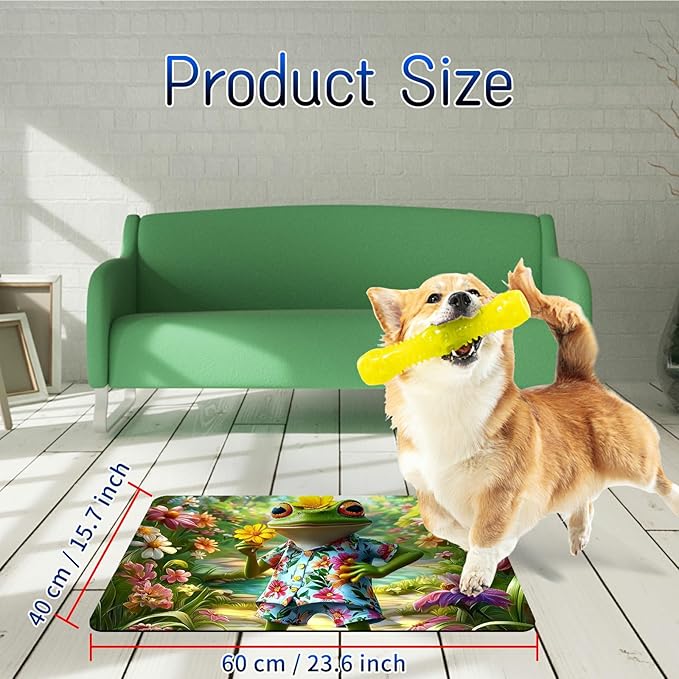 Dog Food Mat, 15.7" x 23.6" Absorbent Pet Feeding Mat for Food and Water, Waterproof Diatom Mud Pet Placemat with Non-Slip Rubber Backing, Cat Bowl Mat for Floors - Frog Flower Summer