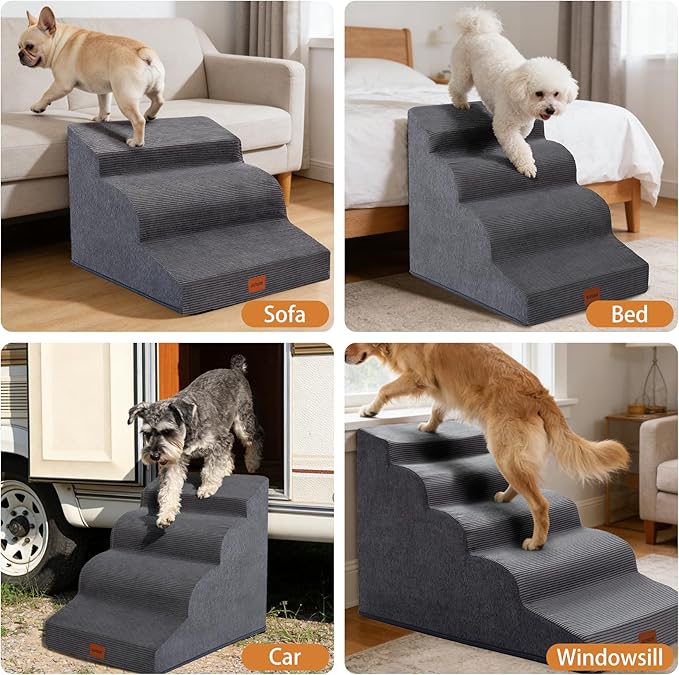 Dog Stairs for Small Dogs and Cats, 15.7" H, 3-Step Curved Pet Ramp for Couch Sofa and Chair, Non-Slip Medium Pet Steps with High Density Foam, Grey