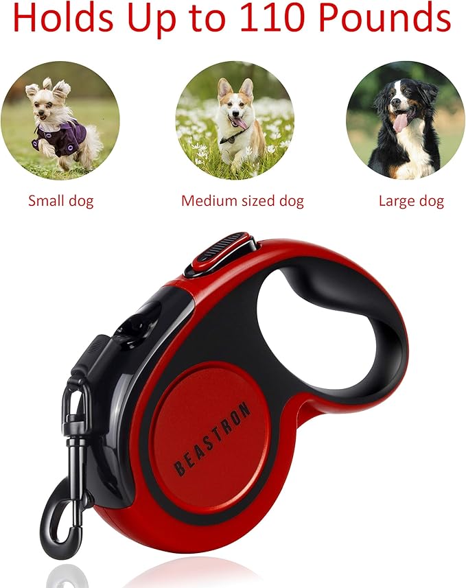 Upgraded Retractable Dog Leash, 16" Extra Long Tangle-Free Reflective Nylon, Small to Medium Dogs up to 110lbs, Waste Bags and Dispenser Included (Red)
