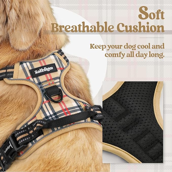 rabbitgoo Dog Harness No Pull with 2 Leash Clips, Adjustable Soft Padded, Reflective Oxford No Choke Pet Vest with Easy Control Handle for Large Dogs, Beige Plaid, XL