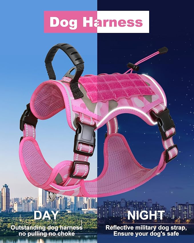 Hotsky Tactical Dog Harness No Pull，Adjustable Service Dog Vest Reflective Military Pet Harness with Control Handle Molle Loop Panels for Training Walking Running(Pink Camo, M)