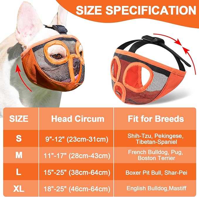 Short Snout Dog Muzzles- Adjustable Breathable Mesh Bulldog Muzzle for Biting Chewing Licking Training Grooming Dog Mask (Orange, Small/9"-12")
