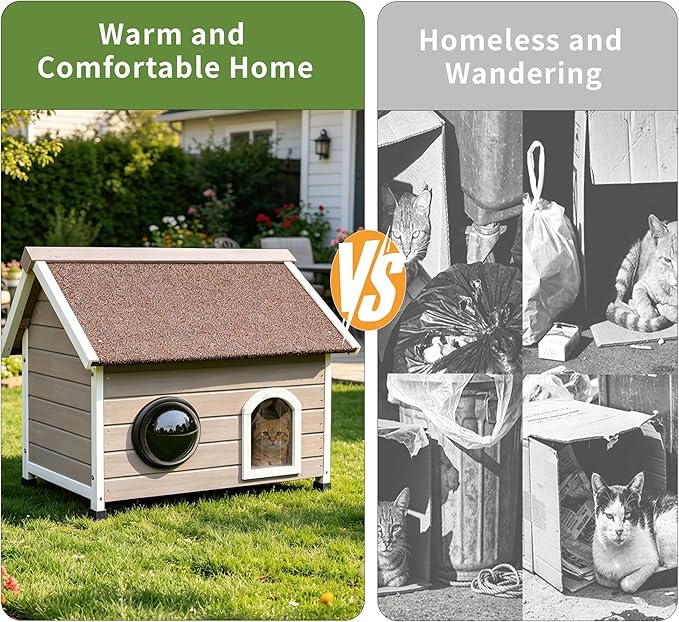 Rockever Outdoor Cat House, Waterproof Feral Cat House for Outdoor Cats with Escape Door and Clear Windows for 2 Cats(with Self Warming Mat)