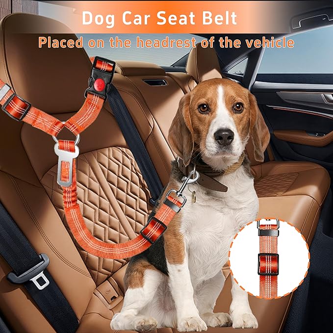Seyezo 3-Piece Dog Car Harness Set - Retractable, Adjustable, Reflective Dog Seatbelt for Vehicle Headrests, Heavy Duty & High Elastic, Orange