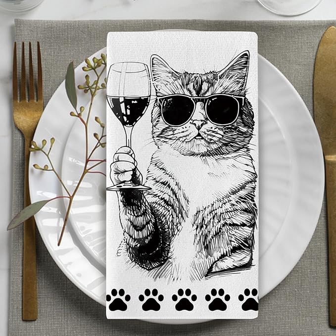 Funny Cat Kitchen Dish Towels Set of 2, Black White Coffee Wine Drying Hand Towel Baking Cooking Cloth, Paw Print Bar Pub Cafe Home Decoration Gifts for Pet Cat Owner Lovers 18'' x 26''