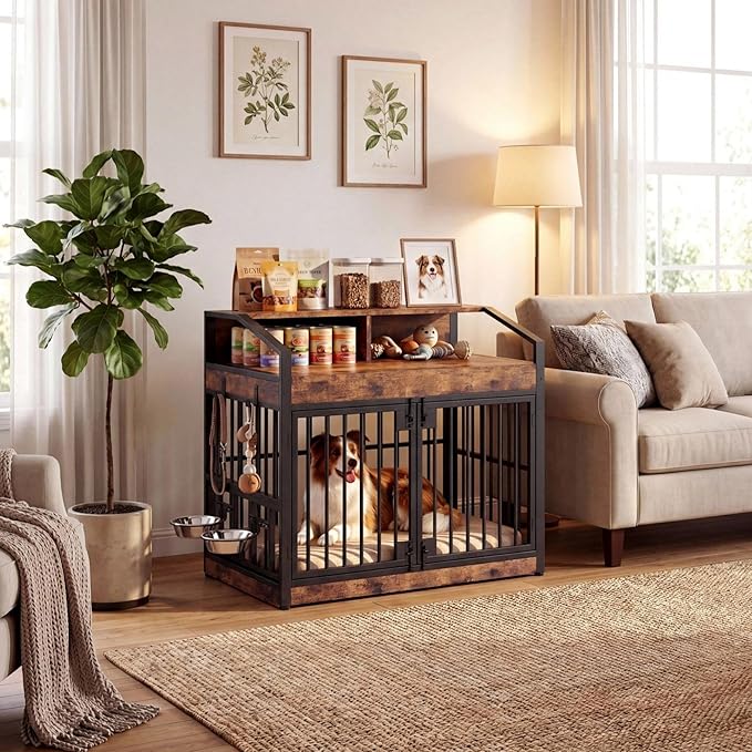 IRONCK Dog Crate Furniture with 360° Rotatable Bowls, 39.4" Wooden Dog Kennel Indoor with Top Storage Shelves, Heavy Duty Decorative Pet Crate End Table with 4 Hooks for Medium Dogs, Rustic Brown