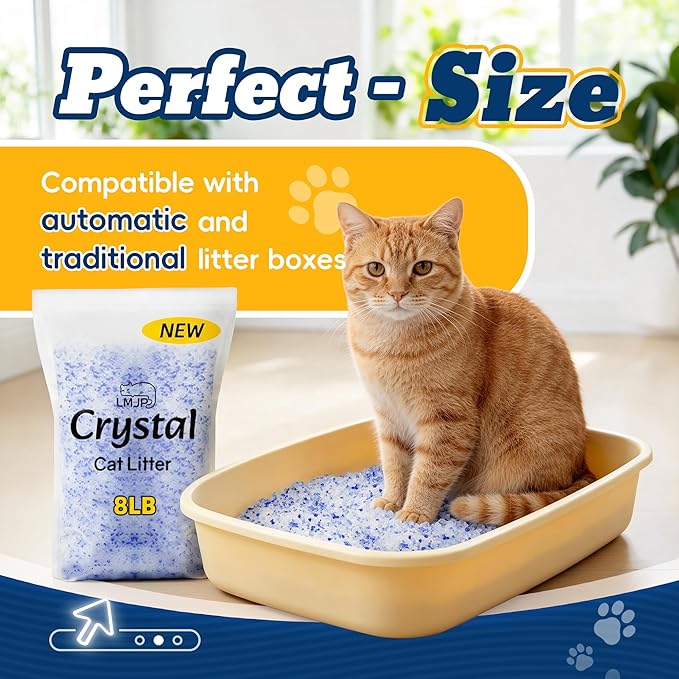 LMJP Crystal Cat Litter with Powerful Odor Control, Non-Clumping, Lasts Up to 6 Months, 24lb, Rapid Water Absorption, Unscented & Low Tracking Lightweight Blue & White Silica, 3 Pack of 8 lb