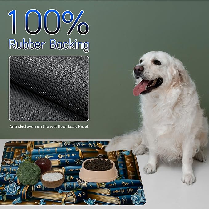 Dog Food Mat, 19.6" x 23.6" Absorbent Pet Feeding Mat for Food and Water, Waterproof Diatom Mud Pet Placemat with Non-Slip Rubber Backing, Easy Clean Cat Bowl Mat for Floors - Purple Book