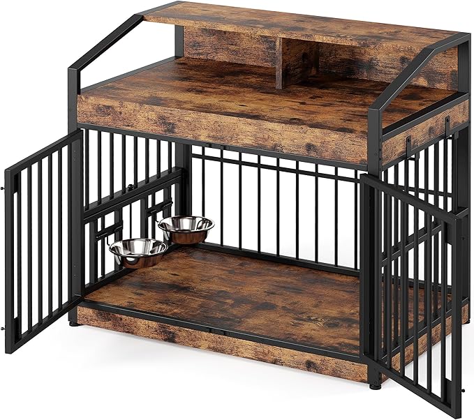 IRONCK Dog Crate Furniture with 360° Rotatable Bowls, 39.4" Wooden Dog Kennel Indoor with Top Storage Shelves, Heavy Duty Decorative Pet Crate End Table with 4 Hooks for Medium Dogs, Rustic Brown
