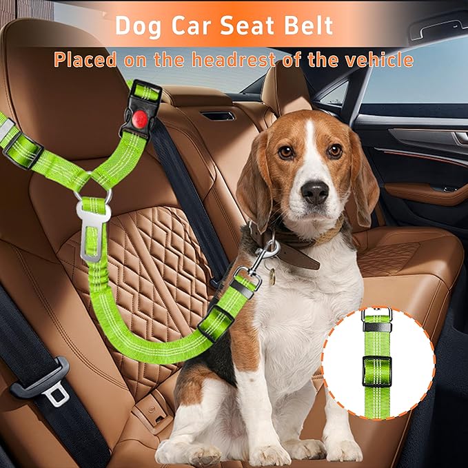 Seyezo Dog Car Seat Belt - 3 Piece Set Retractable Dog Harness with Adjustable Reflective Seatbelt for Vehicle Headrests - Heavy Duty & High Elastics - Green