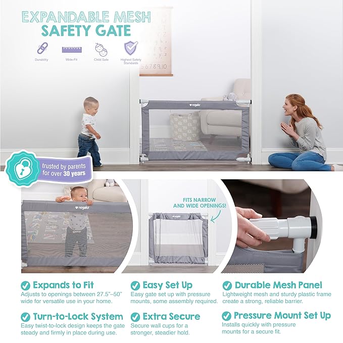 Regalo Safety 27.5-50” Extra Wide Mesh Baby Gate for Doorways & Hallways, Expandable Pressure Mounted Baby Gate for Toddlers & Pets, Includes Rubber Bumpers, Gray
