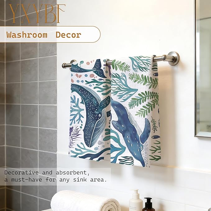 Blue Whale Nautical Coastal Hand Dish Tea Towels for Kitchen Bathroom Decor 16x24 Inches, Coastal Bathroom Decor, Ocean Marine Life Beach Kitchen Towels Decorative Set of 2