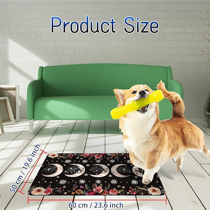 Dog Food Mat, 19.6" x 23.6" Absorbent Pet Feeding Mat for Food and Water, Waterproof Diatom Mud Pet Placemat with Non-Slip Rubber Backing, Easy Clean Cat Bowl Mat for Floors - Red Flower Moon