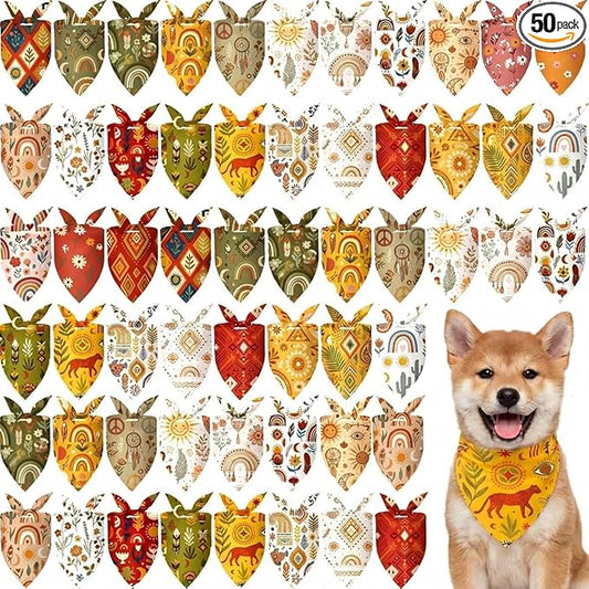 Abbylike 50 Pcs Boho Dog Bandanas Bulk Bohemian Earth Tone Bandanas for Dogs Triangle Kerchief Bib Scarf for Pets Party Costume Aesthetic Dog Photo Props Accessories, 25 Styles (25.6 x 17.7 x 17.7)