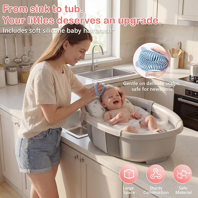 Collapsible Baby Bathtub - Large Baby Bath Tub with Thermometer | Bath Essential Bañera para Bebe Easy Fold Baby Tub | Travel Infant Newborn Toddler Bathtub for Baby Girl Boy 0 to 36 Months (Grey)