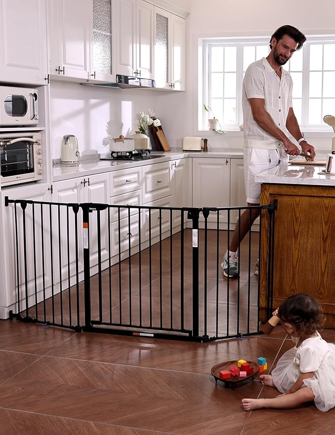 Babelio 72" Extra Wide Baby Gate, 30” Tall Auto Close Dog Fence for Stairs Kitchen Doorways Fireplace, Hardware Mounted Pet Gate Indoor, Foldable 3 Metal Panels, AdaptiZone Series, Black