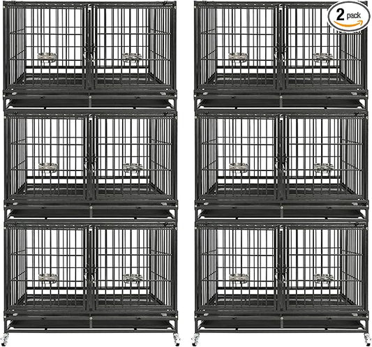 Homey Pet 2 Pack Three Tiers 43 inch Stackable Heavy Duty Dog Crate with Wheels, Indestructible Steel Dog Cage Kennel Indoor with Detachable Divider, Trays, Feeding Bowls, Escape Proof Locks