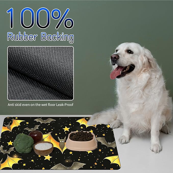 Dog Food Mat, 15.7" x 23.6" Absorbent Pet Feeding Mat for Food and Water, Waterproof Diatom Mud Pet Placemat with Non-Slip Rubber Backing, Easy Clean Cat Bowl Mat for Floors - Yellow Bat