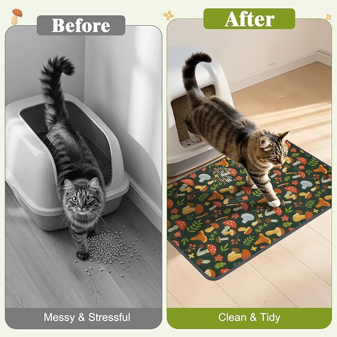 Unicorn Catcher 40X30in 2packCat Litter Mat Machine Washable Soft 3D Air Mesh Litter Box Rug Non-Slip Backing Quick Dry Scatter Control for Paws,Green Mushrooms