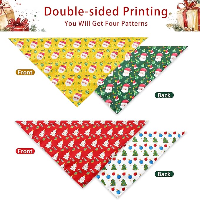 Christmas Dog Bandanas Reversible 2 Pack Small, Cute Santa Claus Xmas Tree Christmas Pet Bandanas Set Adjustable Triangle Winter Xmas Holiday Scarves for Small Medium Boy Girl Dogs