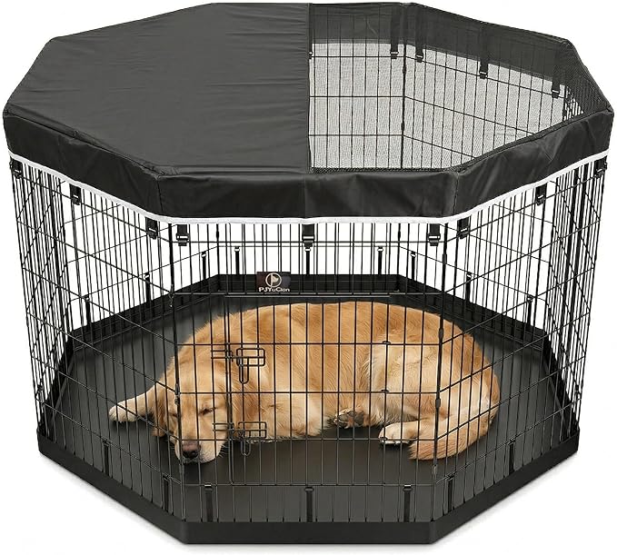 PJYuCien Octagonal Dog Playpen with Top Cover and Bottom Pad - Metal Foldable Exercise Pen, 8 Panels 42" H x 24" W Indoor Outdoor Pet Fence Puppy Crate Kennel, Black