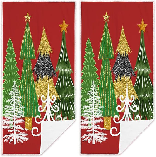 Green Red Christmas Tree Hand Towels Set of 2 Xmas Watercolor Pine Trees Absorbent Bathroom Towel Soft Decorative Towels for Bathroom, Hotel 29.1 X 13.8 Inch
