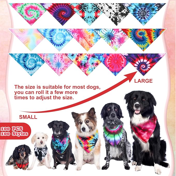 Huhumy 50 Pcs Tie Dye Dog Bandanas Bulk Tie Dye XL Pet Bibs Colorful Triangle Scarf Pet Bandanas for Medium Large Dogs Holiday Summer Hawaiian Birthday Costume Decor
