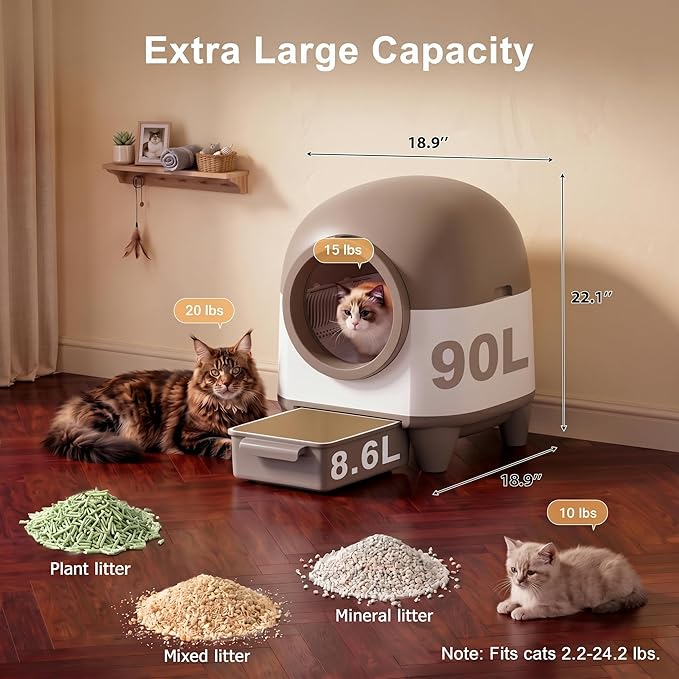 Greesum UltraSmart AutoClean Litter Box - 90L Large Capacity for Multi-Cat Households with Safeguard Tech, APP Control, Odor-Free Design & Mat/1 Roll Litter Bag
