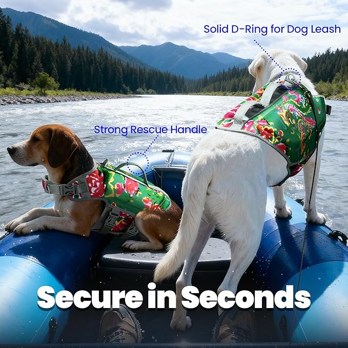 VIVAGLORY High Buoyancy Dog Life Vest, Swimming Vest with Handle, Dog Life Jacket for Swimming & Boating, Buoyancy for Puppy Doggy, XL, Northeast Florals-Green
