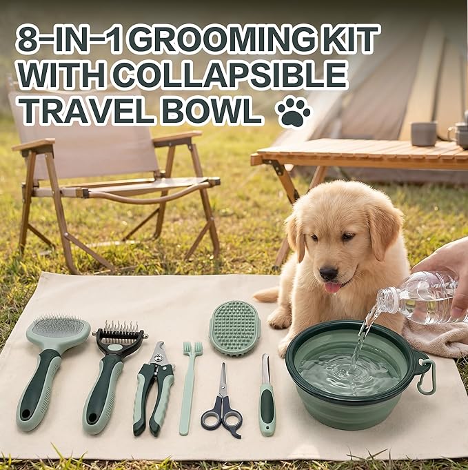 Thalirem Dog Grooming Kit, 8 in 1 Pet Grooming Kit with Collapsible Travel Bowl, Portable Grooming Tools with Storage Bag for Dogs Cats Home Outdoor