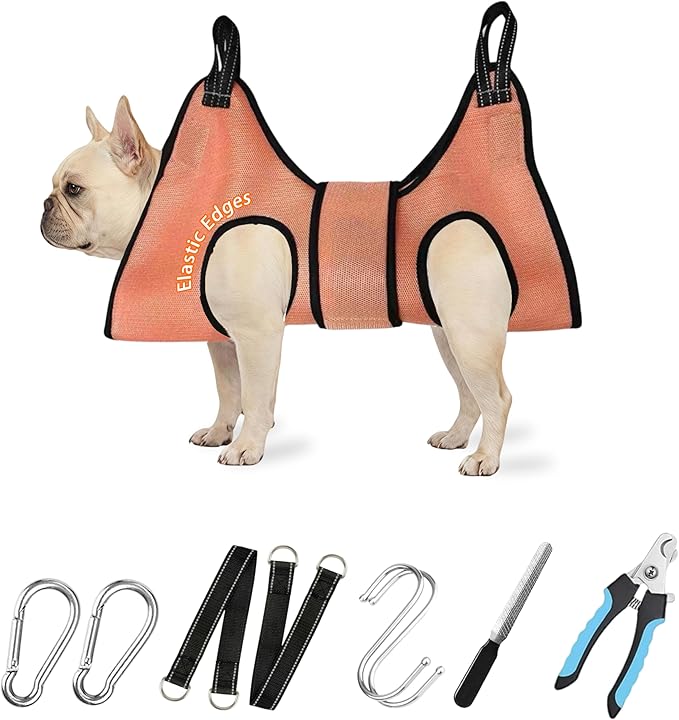 Dog Grooming Hammock Harness, with Elastic Leg Openings for a Flexible Fit, Dog Sling for Nail Trimming, Small Dogs Restraint Hanging Hanger Holder for Clipping Nails (Orange)