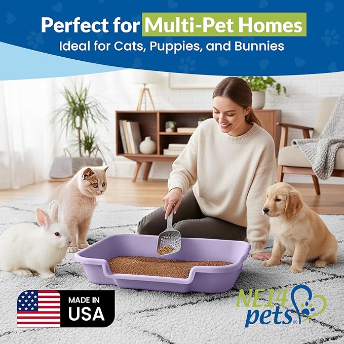 KittyGoHere Senior Cat Litter Box, Large Litter pan with Long-Handle Jumbo Scoop, Open Top Low Entrance Kitty Litter Box, Lightweight Low Entry Litters Box, Durable, Made in USA (Storybook Lavendar)