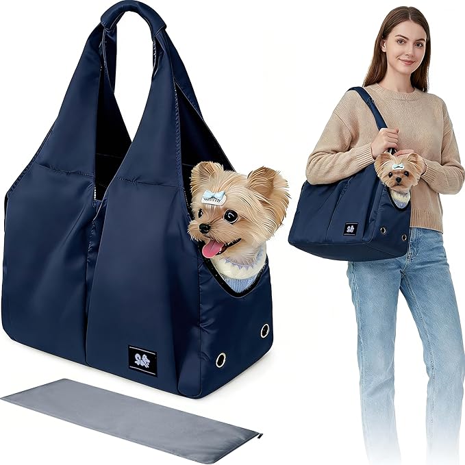 Dog Purse Carrier for Small Dogs Cats & Puppies, Soft-Sided Collapsible Pet Bag with 4 Large Pockets & Support Cushion, Breathable Lightweight Travel Carrier Fits Pets up to 13 lbs, Blue