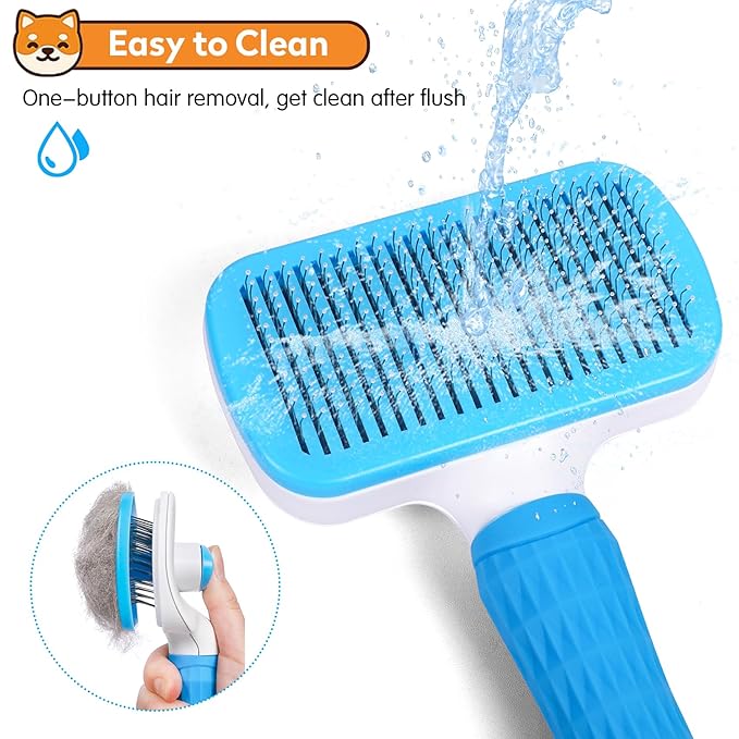 Dog & Cat Brush Kit 2PCS, Self Cleaning Slicker Brush for Pets, Upgraded Dog Brush for Shedding Massaging and Grooming, Removes Loose Undercoat & Portable Comb for Long Short Haired Dogs
