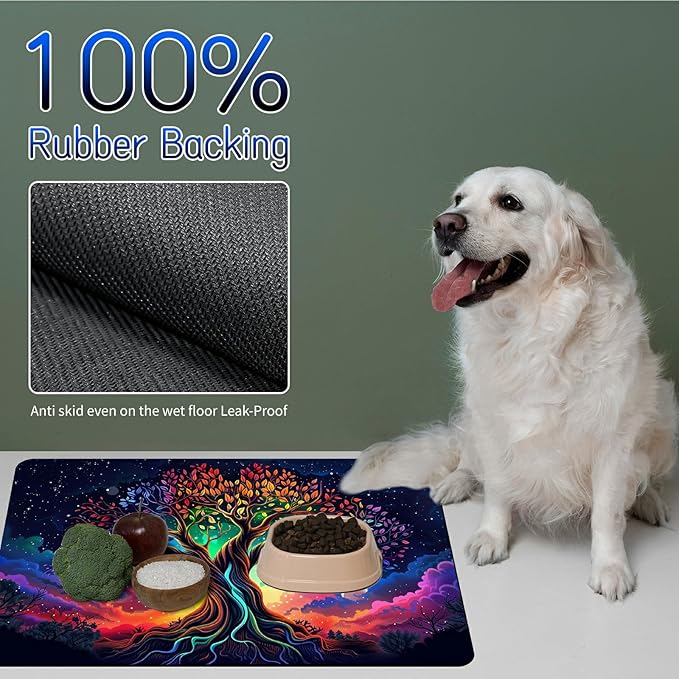 Dog Food Mat, 19.6" x 23.6" Absorbent Pet Feeding Mat for Food and Water, Waterproof Diatom Mud Pet Placemat with Non-Slip Rubber Backing, Easy Clean Cat Bowl Mat for Floors - Tree Art