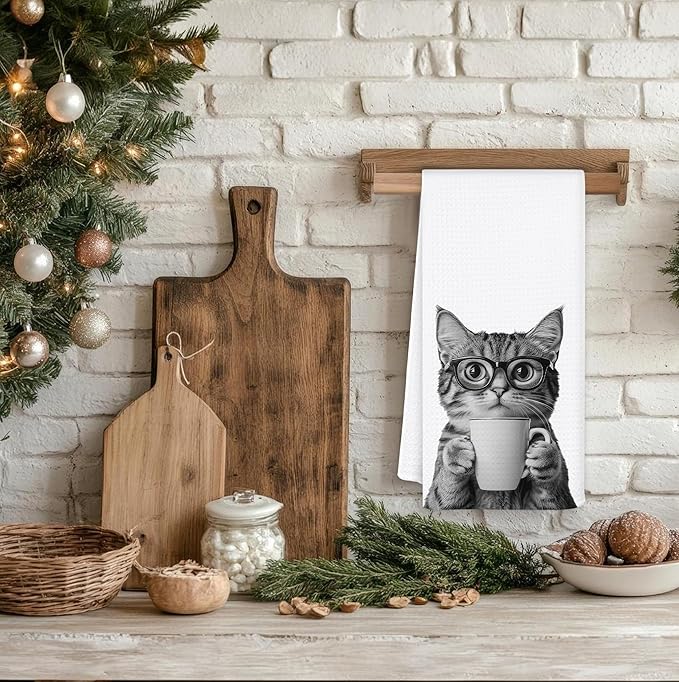 Funny Coffee Cat Kitchen Towels, Cat Lovers Mom Lady Gifts Dish Tea Towel for Kitchen Coffee Bar Station Decor, Kitten Pet Lover Gifts Hand Towels, 16x24 Inch