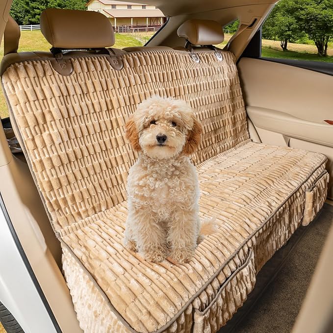 Soft Dog Back Seat Cover, Waterproof Dog Car Seat Protector with Non-Slip Bottom, Fluffy Flannel Full Protection Pet Covers on Rear Benches in Cars SUVs Small Trucks (Tan, Standard Back)