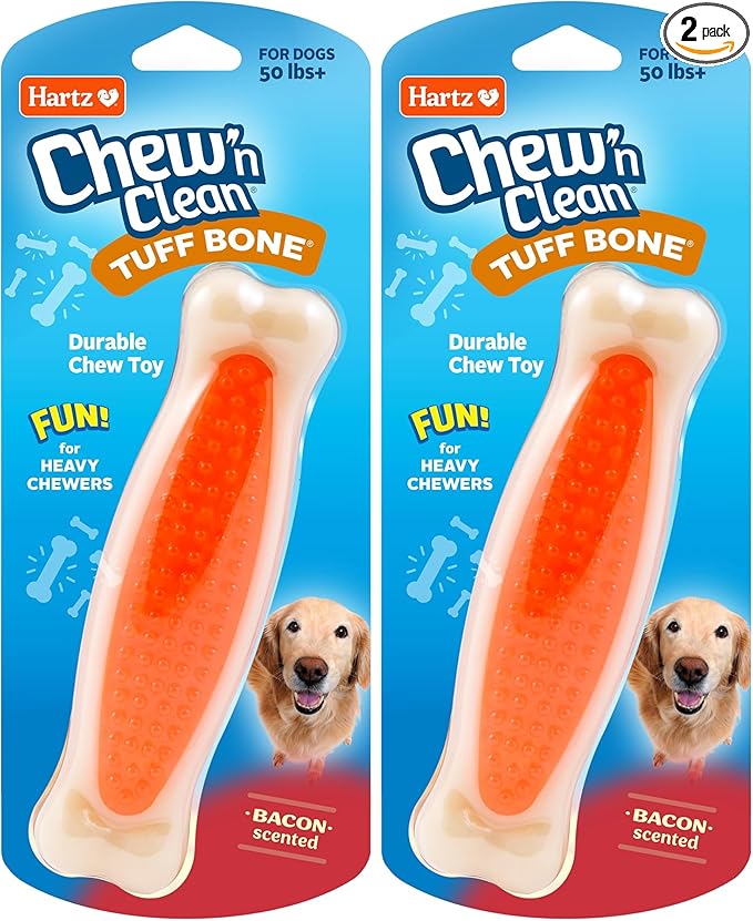 Hartz Chew 'n Clean Tuff Bone Bacon Scented Dental Dog Chew Toy - Large (Pack of 2)