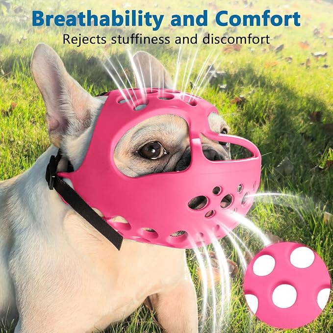 BARKLESS Short Snout Dog Muzzle, Soft Silicone Flat Faced Muzzle for French Bulldog Shih Tzu and Pug for Biting Chewing Licking and Grooming, Allows Panting (S, Hot Pink)