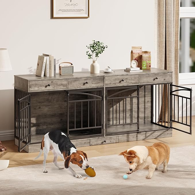 GarveeHome Dog Crate Furniture for 2 Dogs, Dog Kennel Indoor with 4 Storage Drawers and Feeding Bowls, Double Dog Crate TV Stand for Small Medium Dogs, Grey