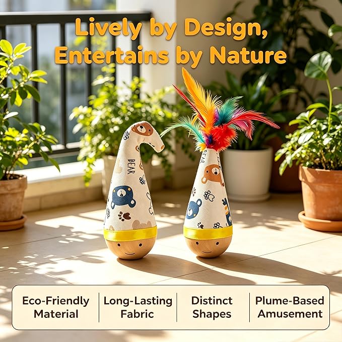 Natural Beechwood Cat Toy, 2-Pack Weeble Wobble Tumbler Toy for Indoor Cats & Small Dogs, Self-Righting Interactive Toy with Colorful Feathers, Silent Battery-Free Play for Solo Exercise