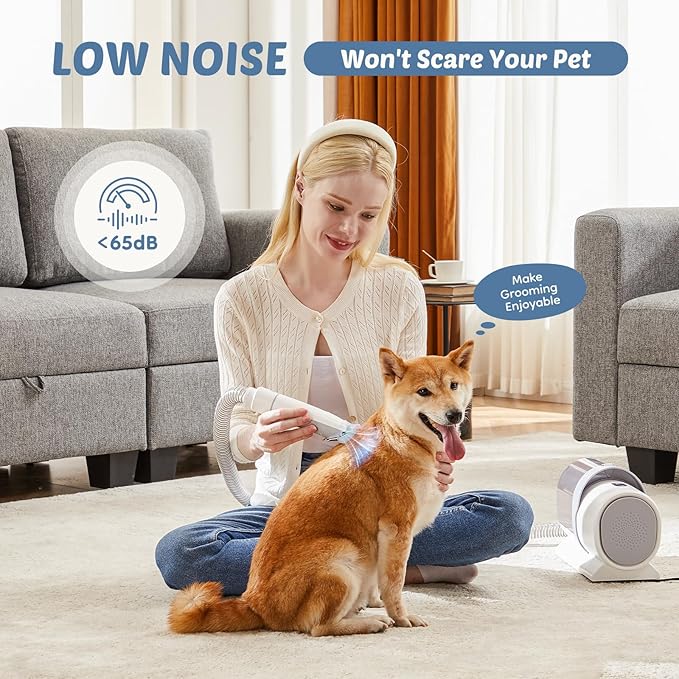 DUMOS Pet Grooming Vacuum Kit, 3 Adjustable Suction Modes, 5 Professional Grooming Tools with Cordless Low Noise Dog, 10000PA Cat Hair Clippers for Home Cleaning, 2.5L, Ivory