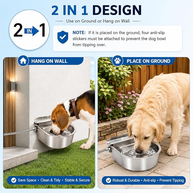 BWOGUE Automatic Water Dispenser for Dogs, 1 Gallon Outdoor Automatic Dog Water Bowl with Float Valve Stainless Steel Dispenser Fit 1/2'' and 3/4'' GHT Faucet for Dog Horse Chicken