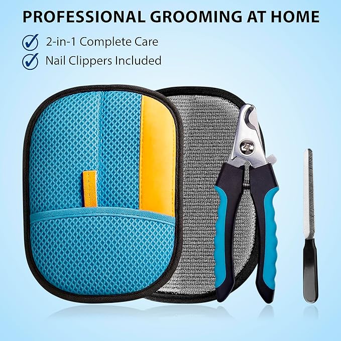 Pet Grooming Glove Set for Dogs & Cats – Premium Pet Hair Removal Glove with Free Nail Clippers & Nail File