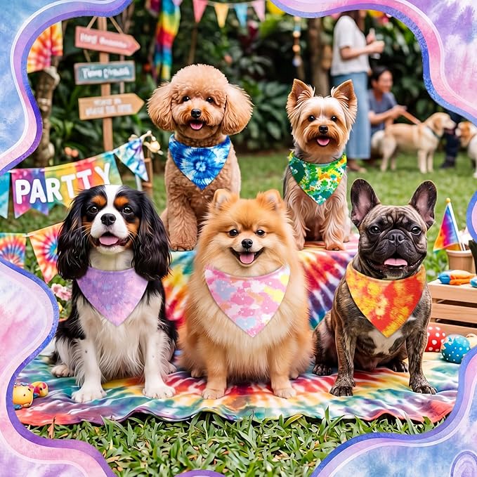 Abbylike 50 Pieces Tie Dye Dog Bandanas Bulk Colorful Hippie Pattern Dog Bandanas for Dogs Triangle Kerchief Scarf Bibs Set for Pets Summer Party Costume Accessories, 25 Styles (19.7 x 13.8 x 13.8)