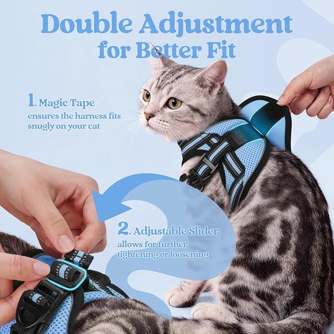 rabbitgoo Cat Harness and Leash, Step-in Escape Proof Kitten Harness Set, Soft Comfortable Cat Vest, Easy to Wear and Adjust, Reflective for Safe Outdoor Walking, Light Blue, Medium