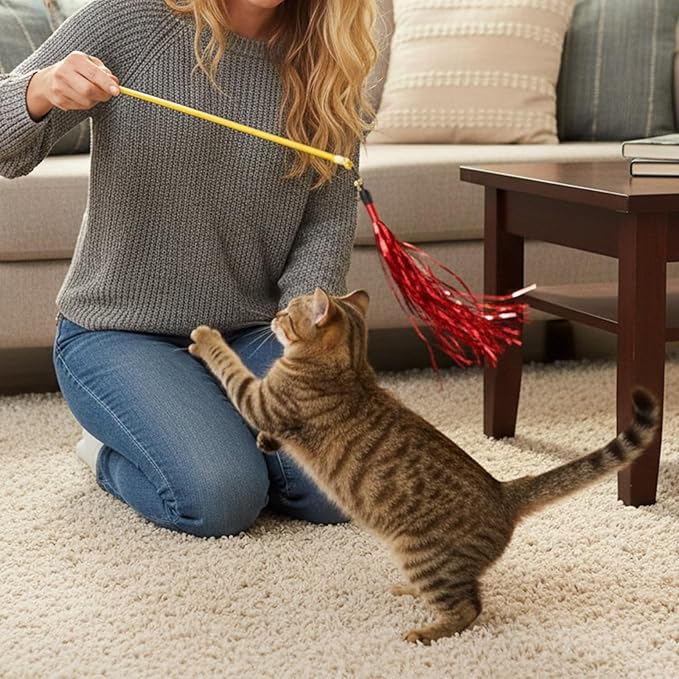 8Pcs Cat Wand Toy Replacement with Bell Metallic Foil Tassel, 9Inch Cat Wand Attachments for Most Cats Indoor Cats Interactive Chase Exercise, 4 Colors