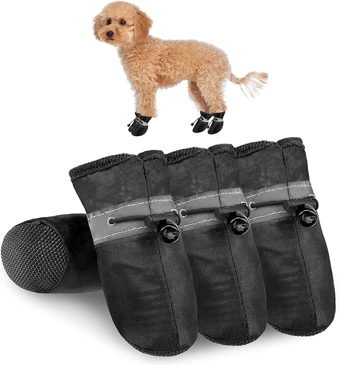SCENEREAL Dog Shoes for Hot Pavement Hardwood, Reflective Non-Slip Dog Boots & Paw Protectors for Small Medium Dogs, Summer Heat Boots Resistant Waterproof Soft Outdoor Walking Indoor, Black Size 4